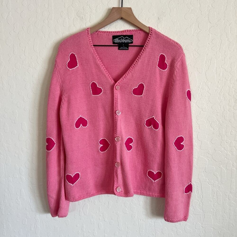 Vintage Rey Wear Cotton Hand Knit Heart Embroidered Button Front Cardigan Large